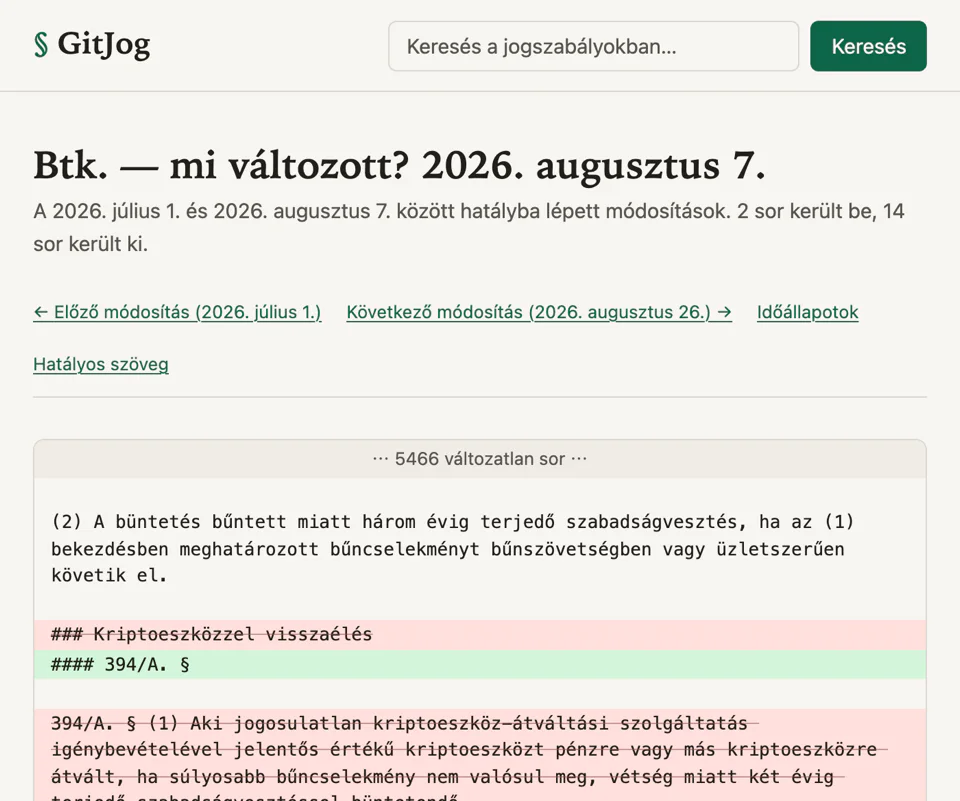 A GitJog diff-nézete: egy törvénymódosítás törölt és beszúrt sorai a Btk. szövegében